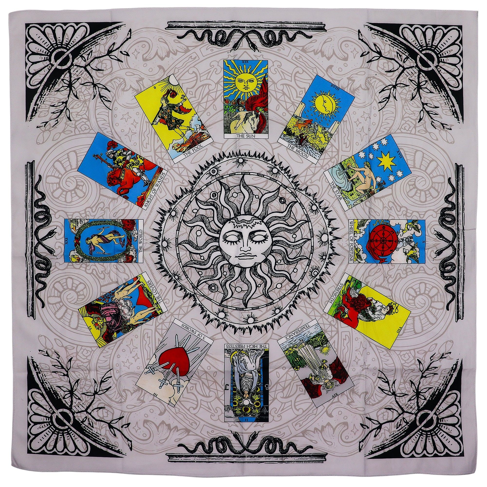 Paño para Lectura del Tarot con diseño del Árbol de la Vida y cartas.