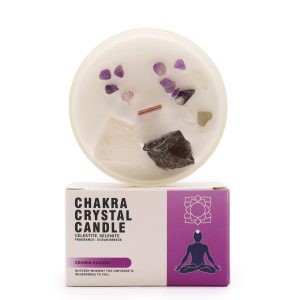 Vela con cristales de amatista y selenita, Chakra de la Corona