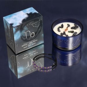 Vela de Cristal del Zodiaco Capricornio con pulsera de piedras preciosas.