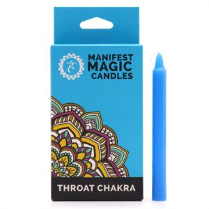 Caja y vela azul de Velas Mágicas Manifest para chakra garganta.