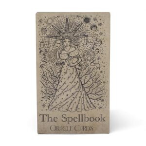 Caja de cartas oráculo del libro de hechizos con diseño místico en tonos tierra