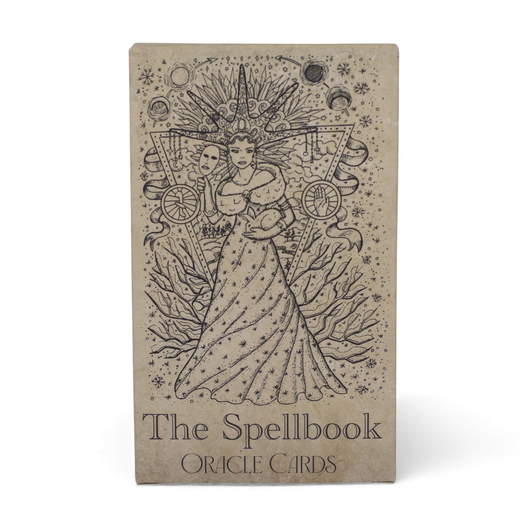Caja de cartas oráculo del libro de hechizos con diseño místico en tonos tierra