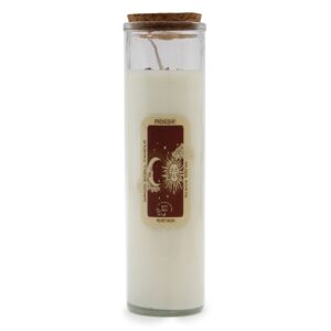 Vela blanca en frasco de vidrio con etiqueta celestial.