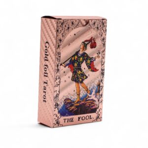Set de cartas de tarot con diseño en foil de oro rosa y detalles de fases lunares.