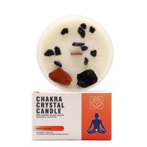 Vela Chakra Raíz con cristales para equilibrio y armonía.