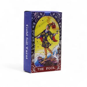 Caja de cartas de Tarot con diseño de 'The Fool' y foil azul