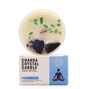 Vela de cristal con sodalita y jade para chakra de la garganta.