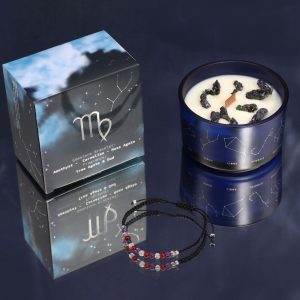 Vela y pulsera de piedras preciosas para Virgo en cristal azul, detalles dorados y caja estrellada.