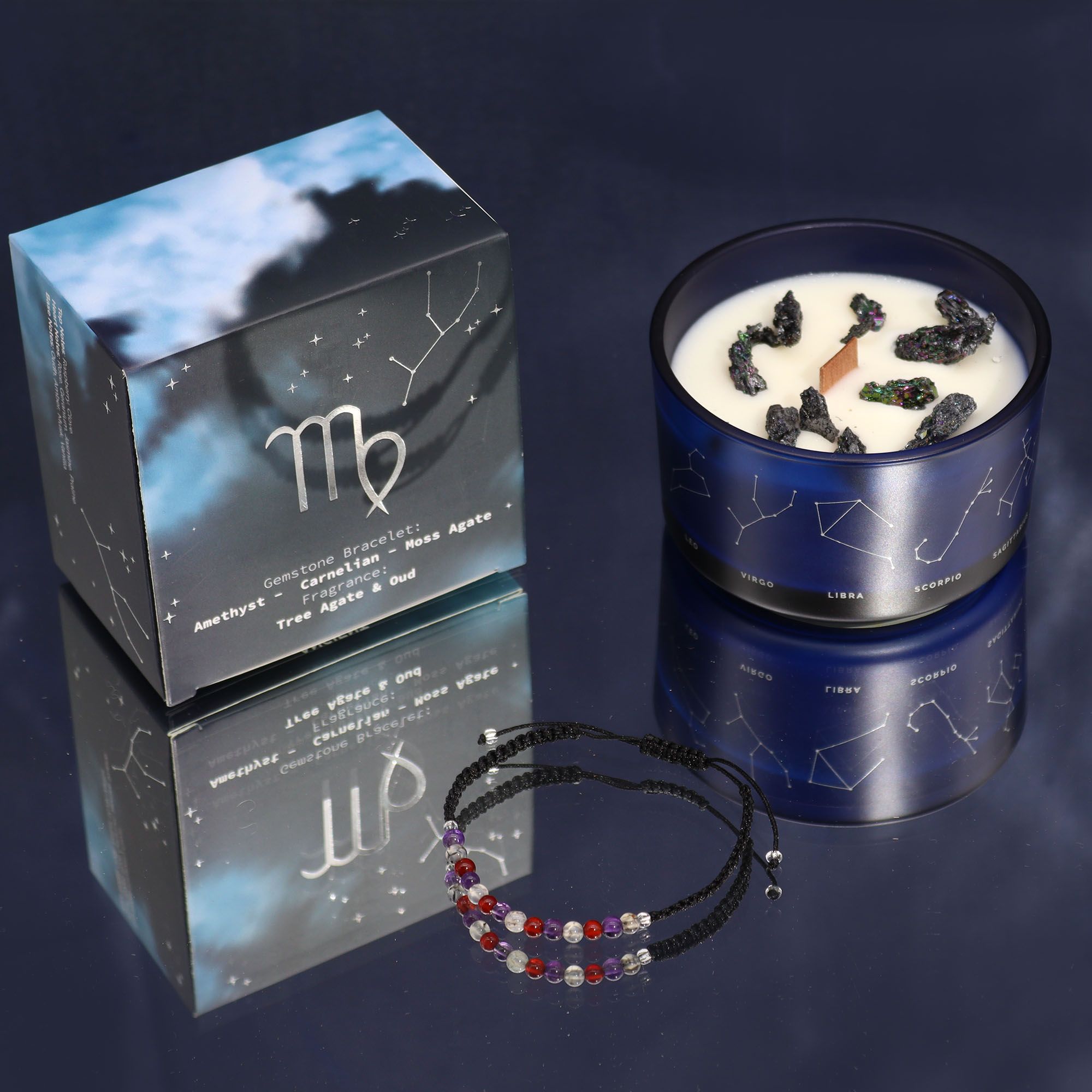 Vela y pulsera de piedras preciosas para Virgo en cristal azul, detalles dorados y caja estrellada.