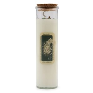 Vela en frasco de vidrio con tapa de corcho y etiqueta de prosperidad.
