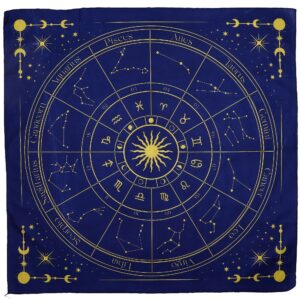 Paño de tarot con diseño de constelaciones doradas sobre fondo azul.