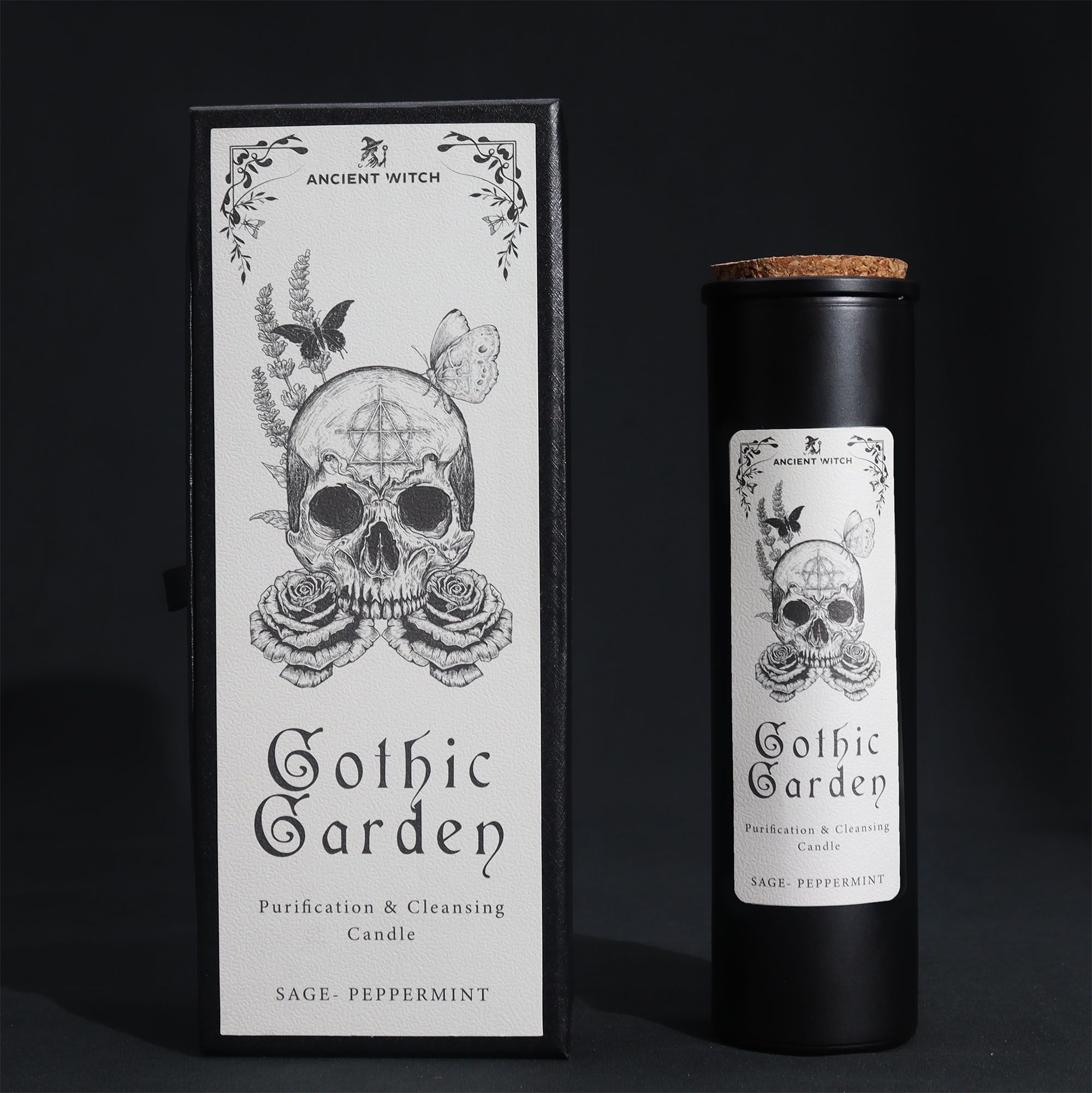 Vela purificadora en envase negro con diseño gótico de calavera y rosas.