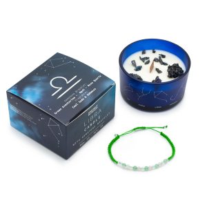 Vela de cristal zodiacal Libra y pulsera de piedras preciosas.