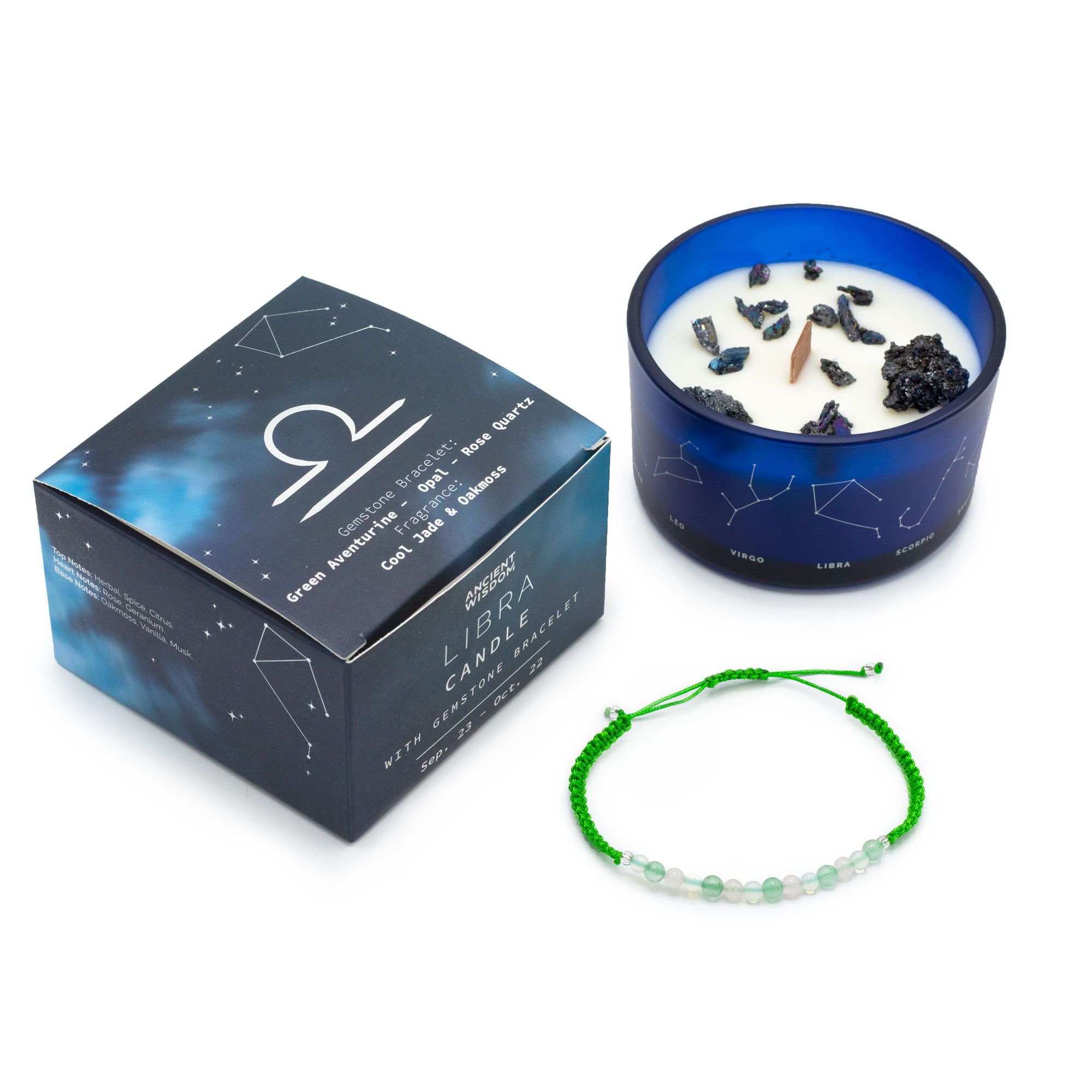 Vela de cristal zodiacal Libra y pulsera de piedras preciosas.