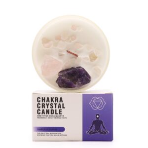 Vela de cristal con cuarzos rosados y amatistas para chakra del tercer ojo