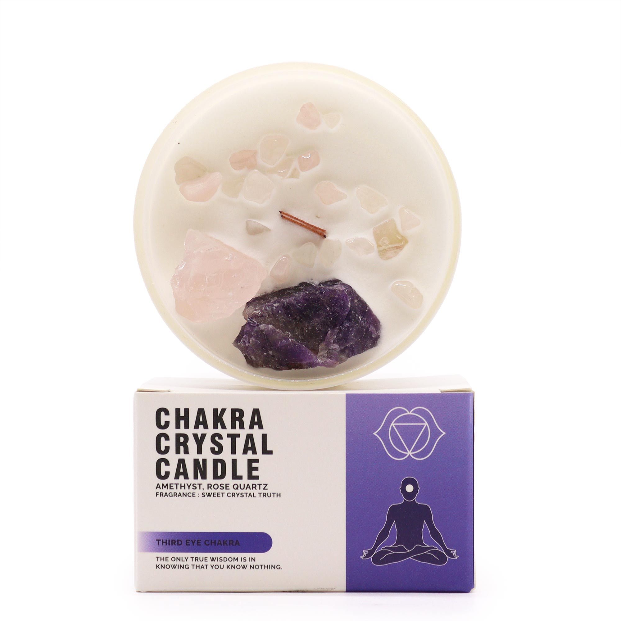 Vela de cristal con cuarzos rosados y amatistas para chakra del tercer ojo