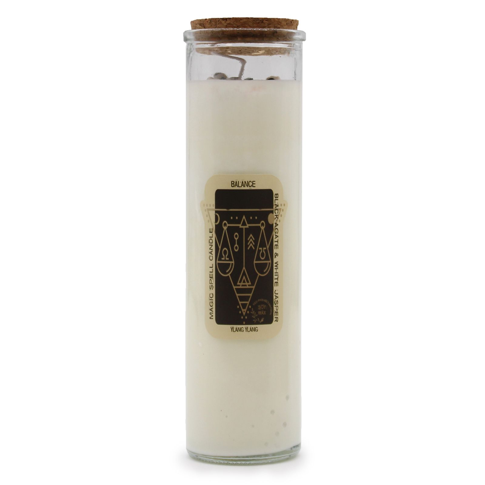 Vela en tarro de cristal con símbolos esotéricos y tapa de corcho.