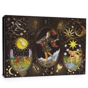 Tarot con hoja dorada y vibrantes ilustraciones místicas.