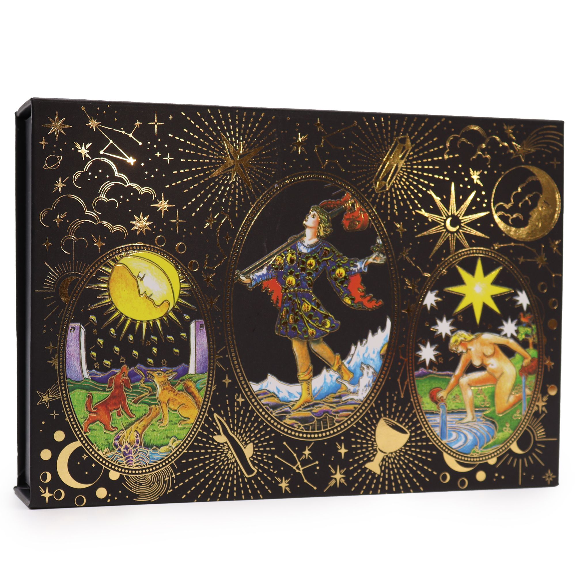 Tarot con hoja dorada y vibrantes ilustraciones místicas.