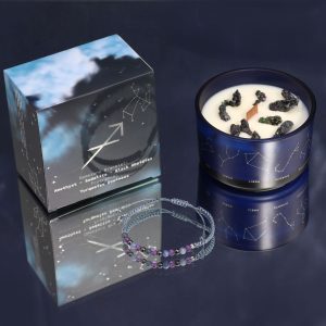 Vela de cristal Sagitario con pulsera de piedras preciosas