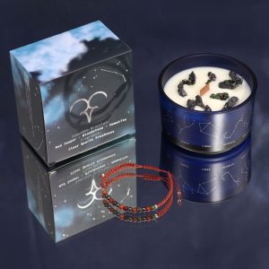 Vela Zodiaco Aries con pulsera, diseño azul cósmico, piedras preciosas.