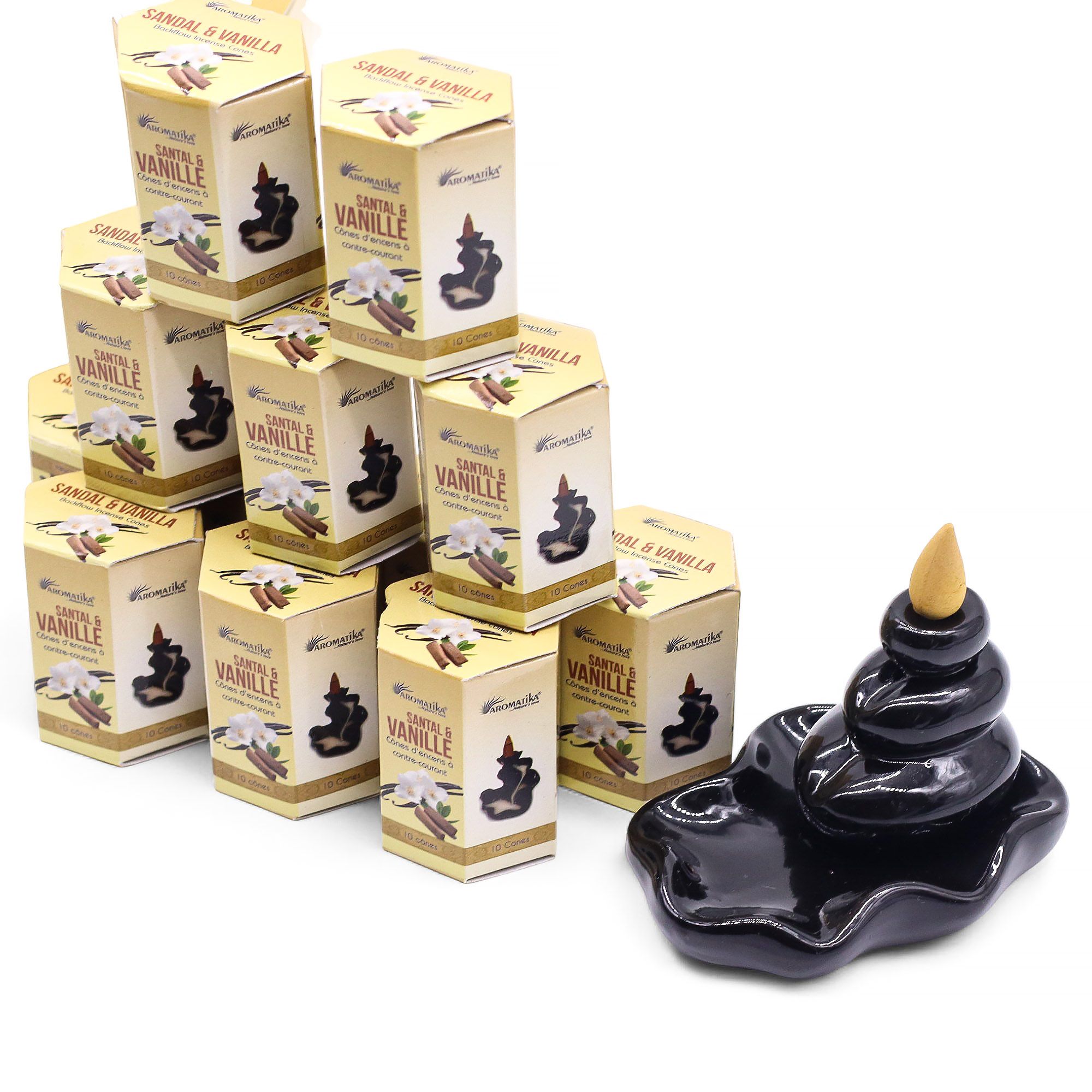 Paquete de incienso Masala Backflow con soporte negro elegante