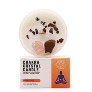 Vela de Cristal de Chakra Sagrado con cuarzo rosa y ojo de tigre.