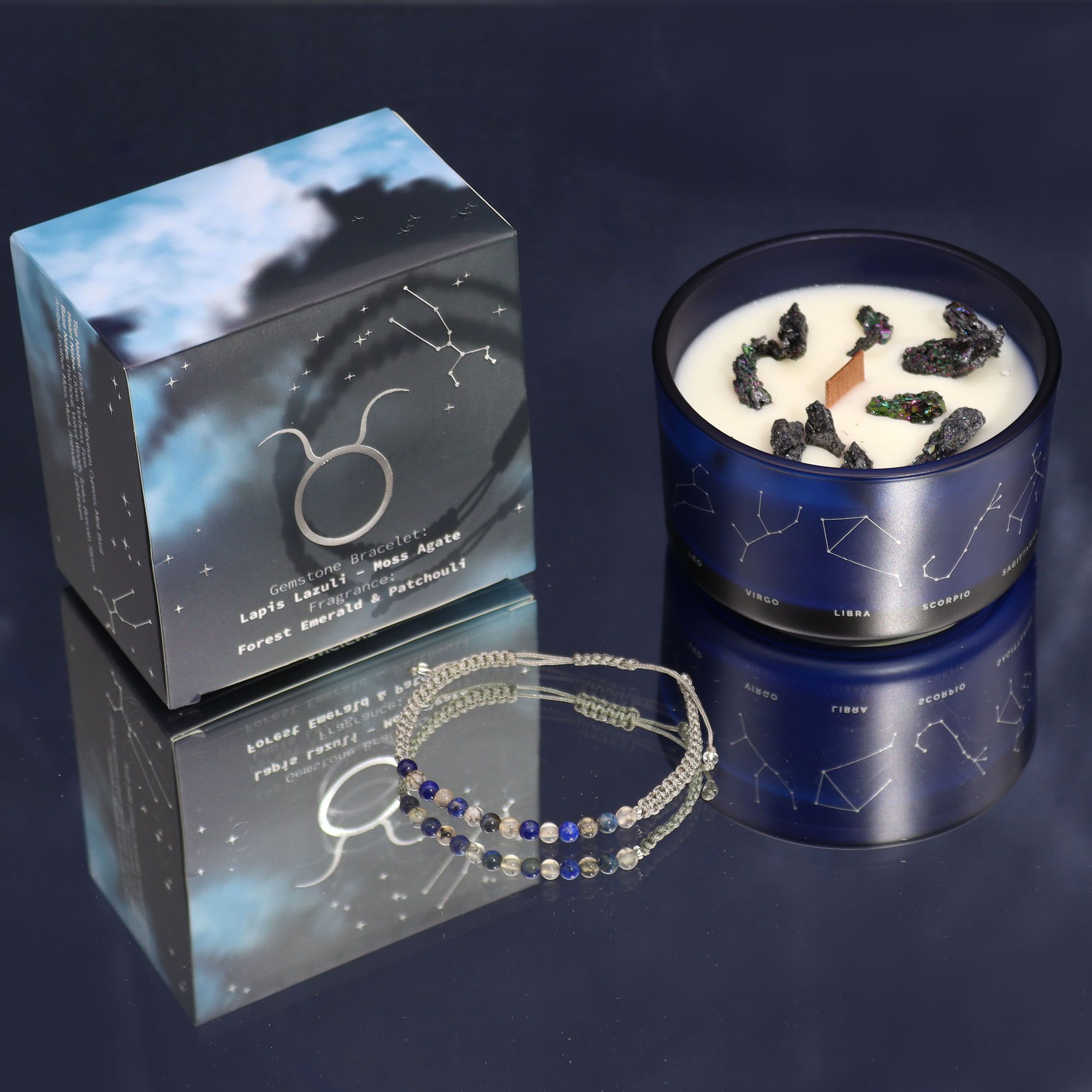 Vela de Cristal Zodiaco Tauro con pulsera de piedras preciosas.