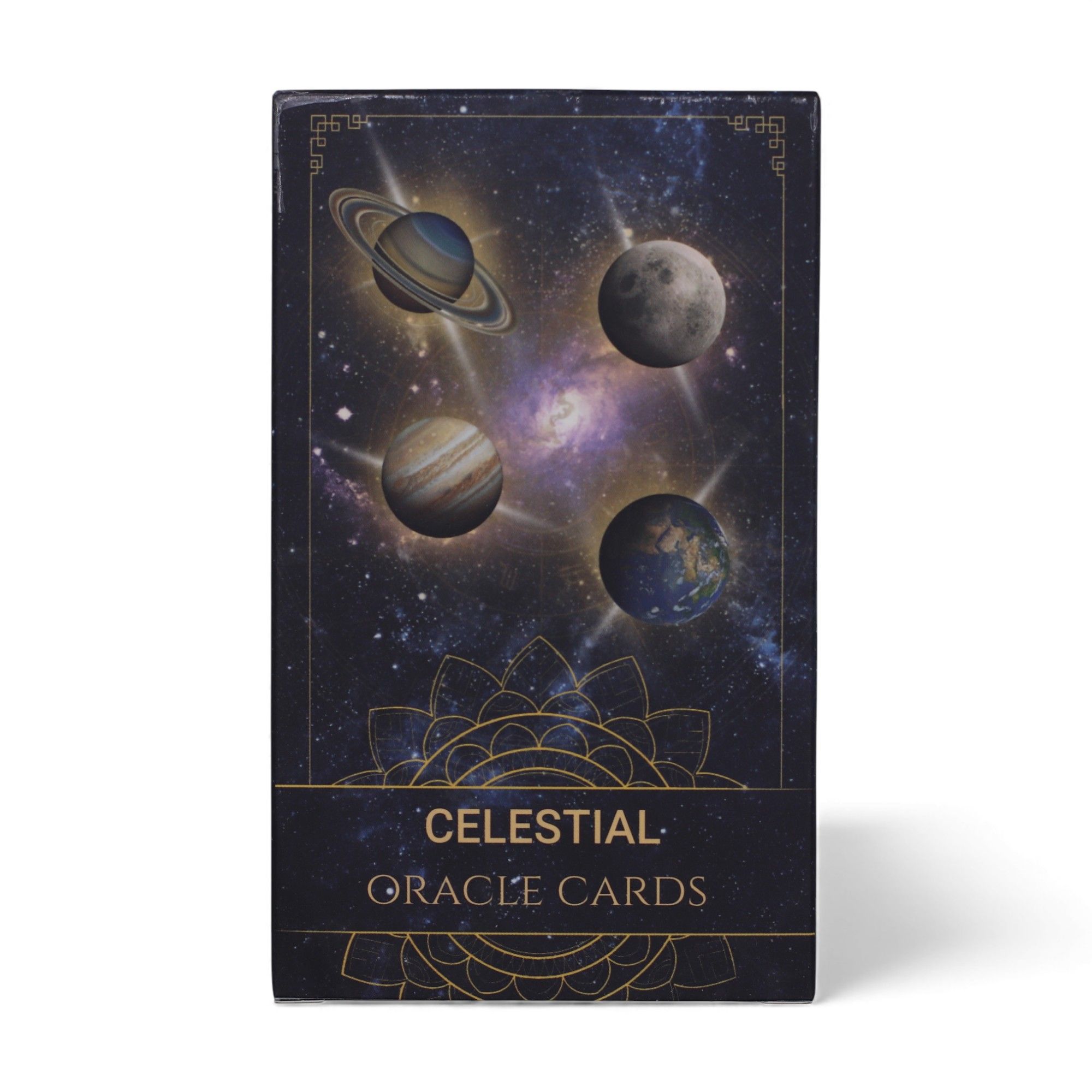 Caja de cartas de oráculo con diseño de planetas y estrellas.