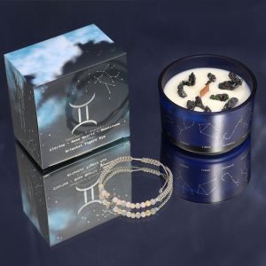 Vela del Zodiaco Géminis con caja y pulsera de piedras preciosas.