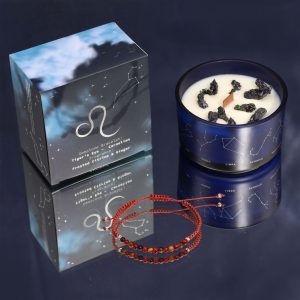 Vela de cristal zodiacal Leo con pulsera de piedras preciosas.