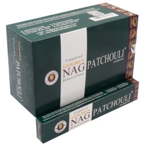 Empaque del Incienso Dorado Nag - Patchouli, estilo sofisticado y elegante