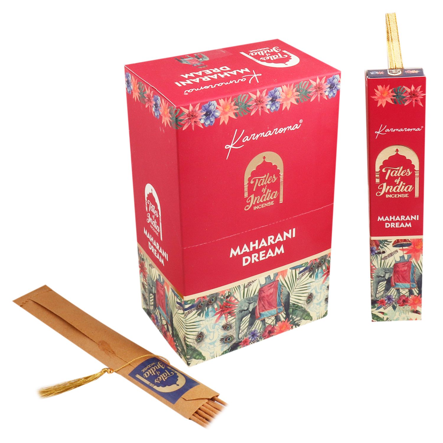 Incienso Maharani Dream en caja roja con diseños florales, ideal para relajación