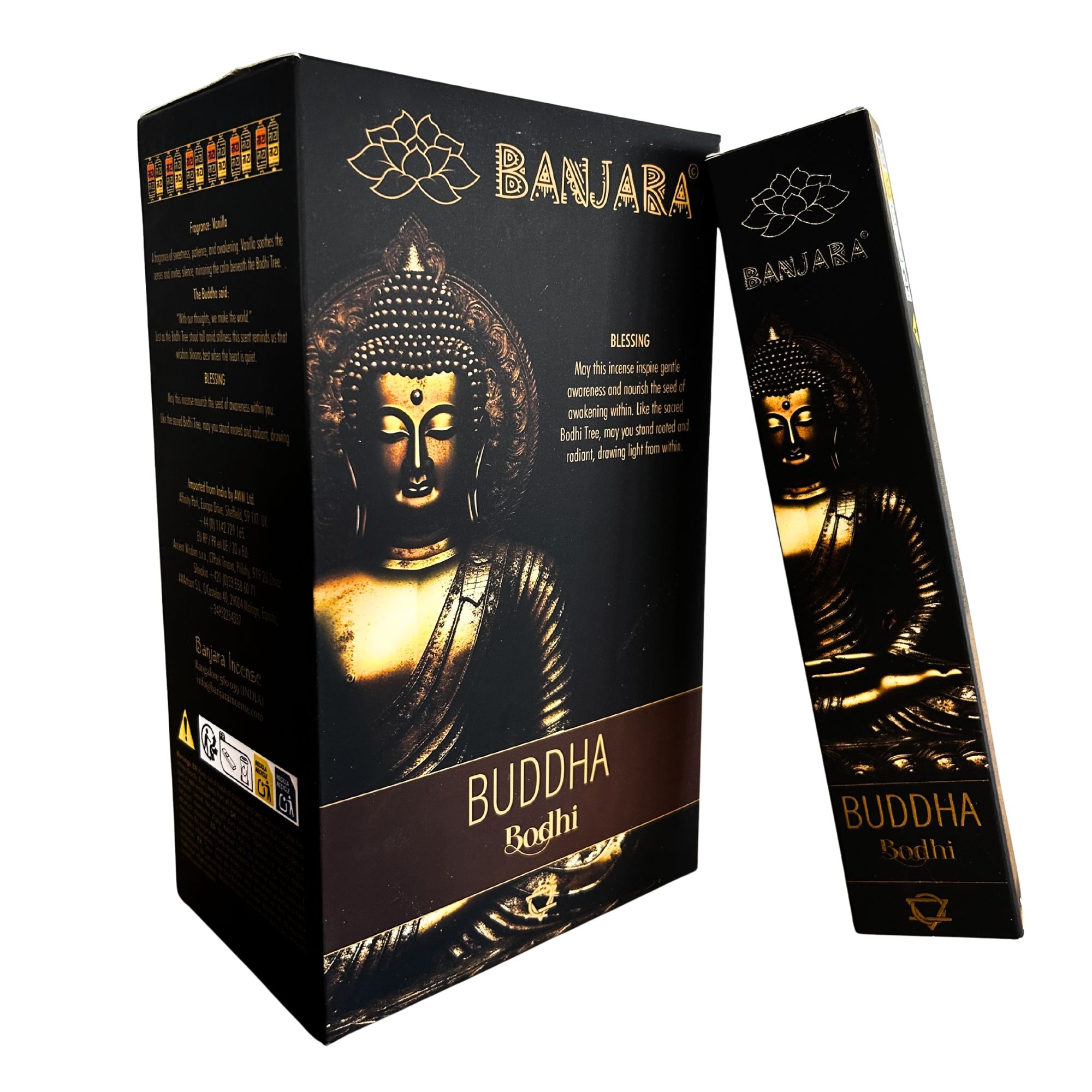 Caja del Incienso Banjara Buda - Bohdi con imagen dorada de Buda.