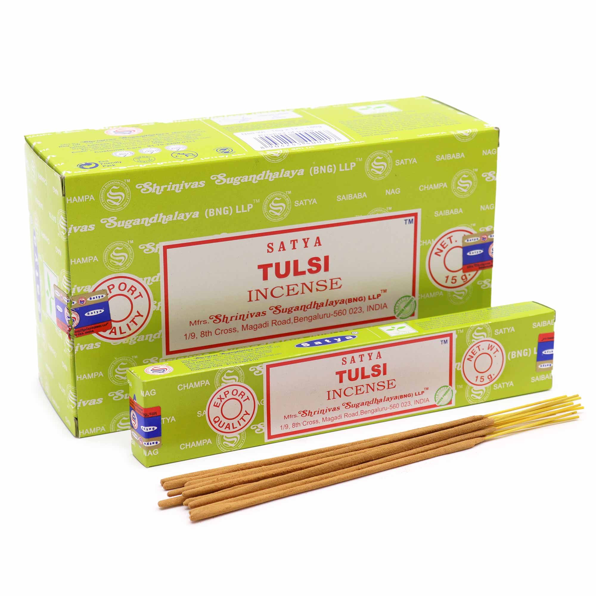Empaque verde de incienso Satya Tulsi 15gm para bienestar.