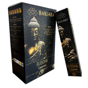 Incienso Banjara Buddha Essence en caja negra y dorada con imagen de Buddha