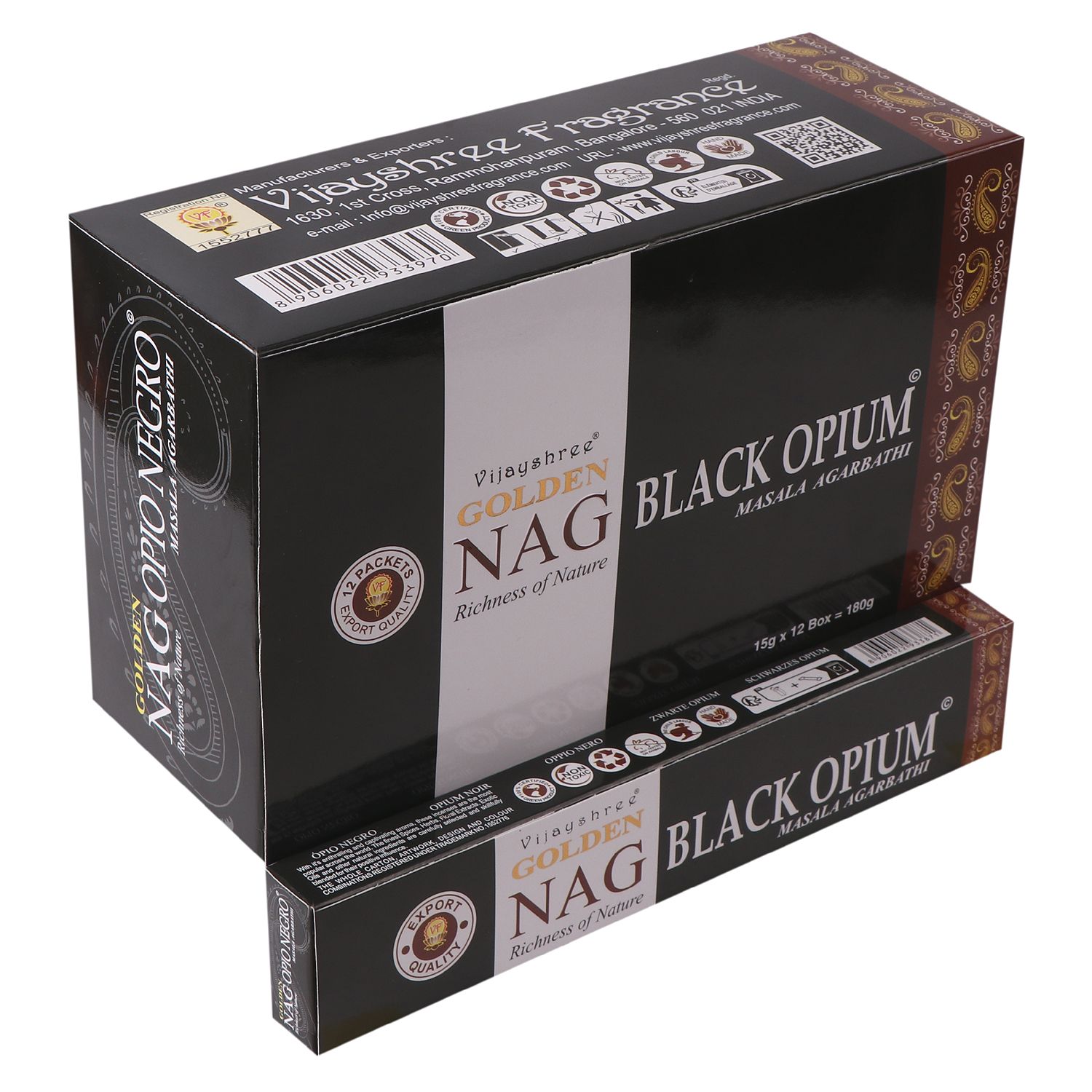 Caja de incienso Golden Nag Opio Negro con diseño elegante.