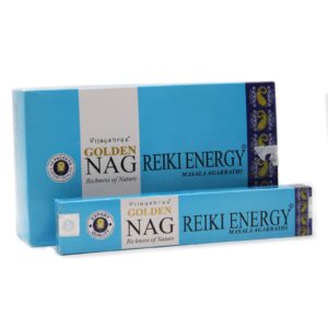 Incienso Golden Nag - Reiki Energy en empaque celeste y dorado