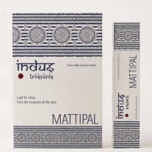 Empaque de incienso Indus Tesoros - Mattipal con diseño azul y blanco.