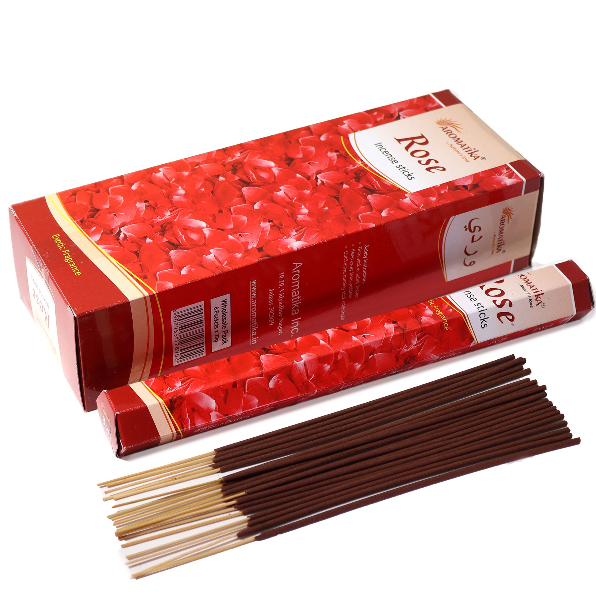 Incienso Aromatika Rosa en caja hexagonal roja con diseño floral.