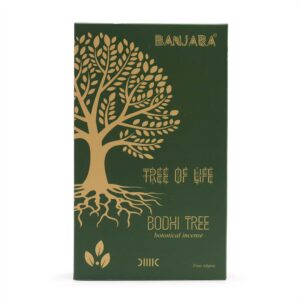Caja verde con diseño dorado de árbol - Incienso Botánico Banjara.