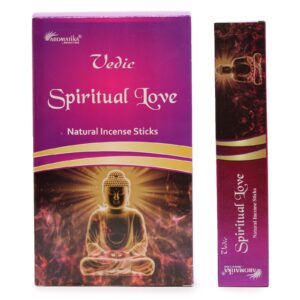 Caja de incienso védico Amor Espiritual con diseño místico.