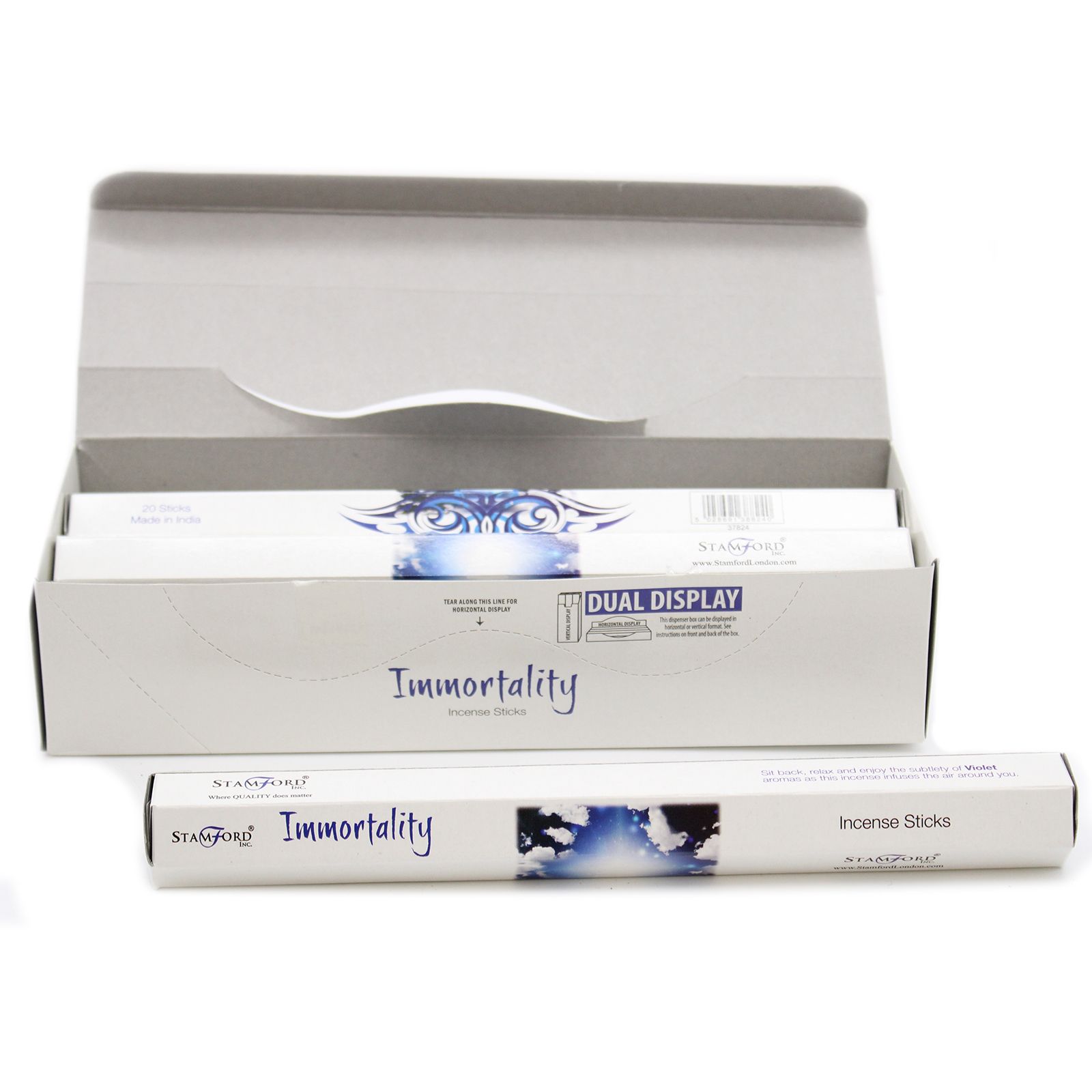 Caja de incienso Premium Inmortalidad blanca con diseño azul.