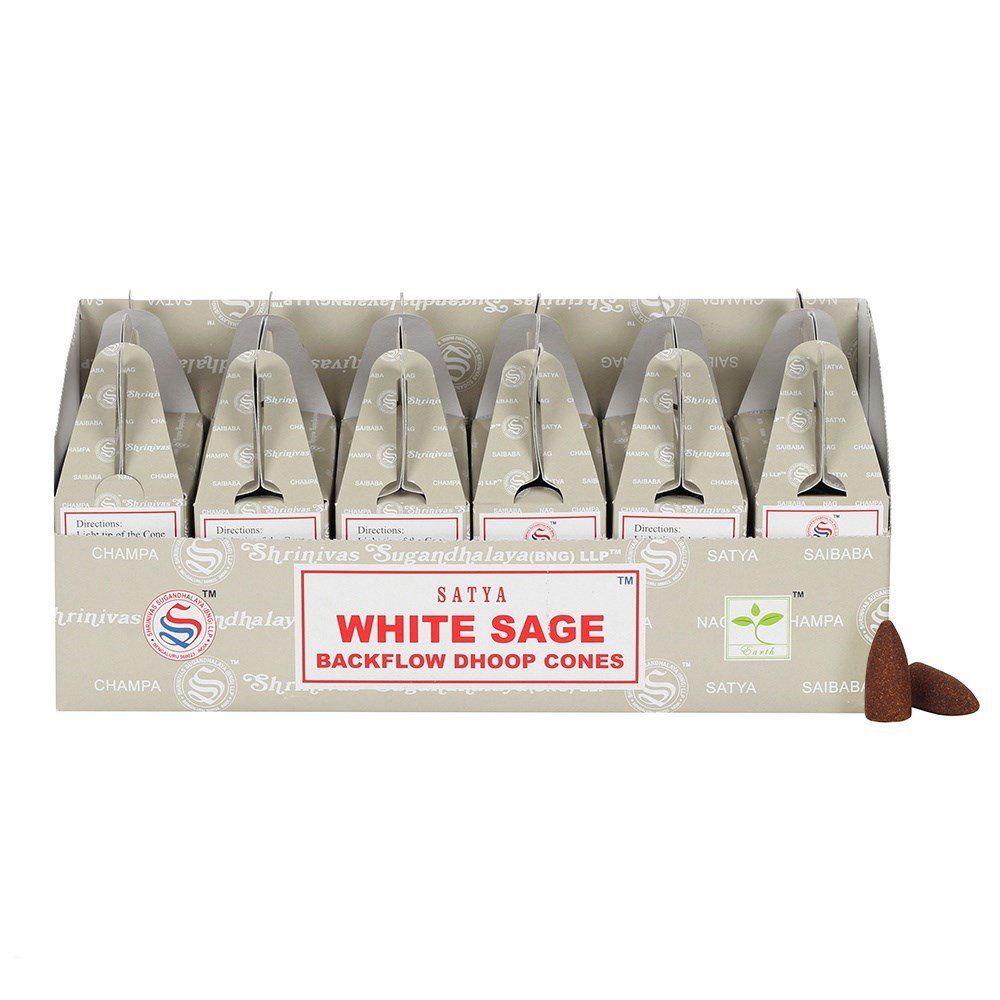 Caja de Conos Dhoop Satya de Salvia Blanca vistas frontalmente
